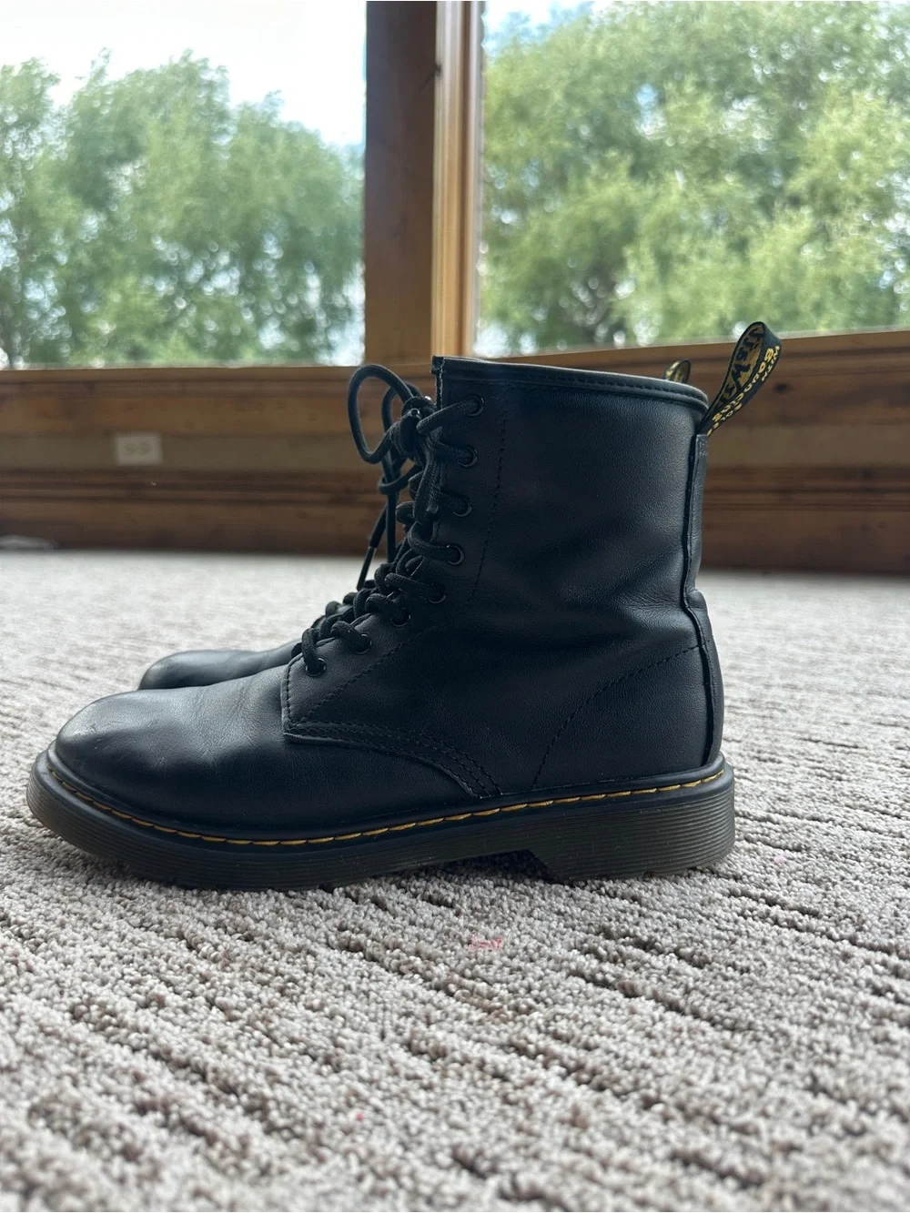 Dr. Martens Black Leather Lace-Up Ankle Boots with Yellow Stitching